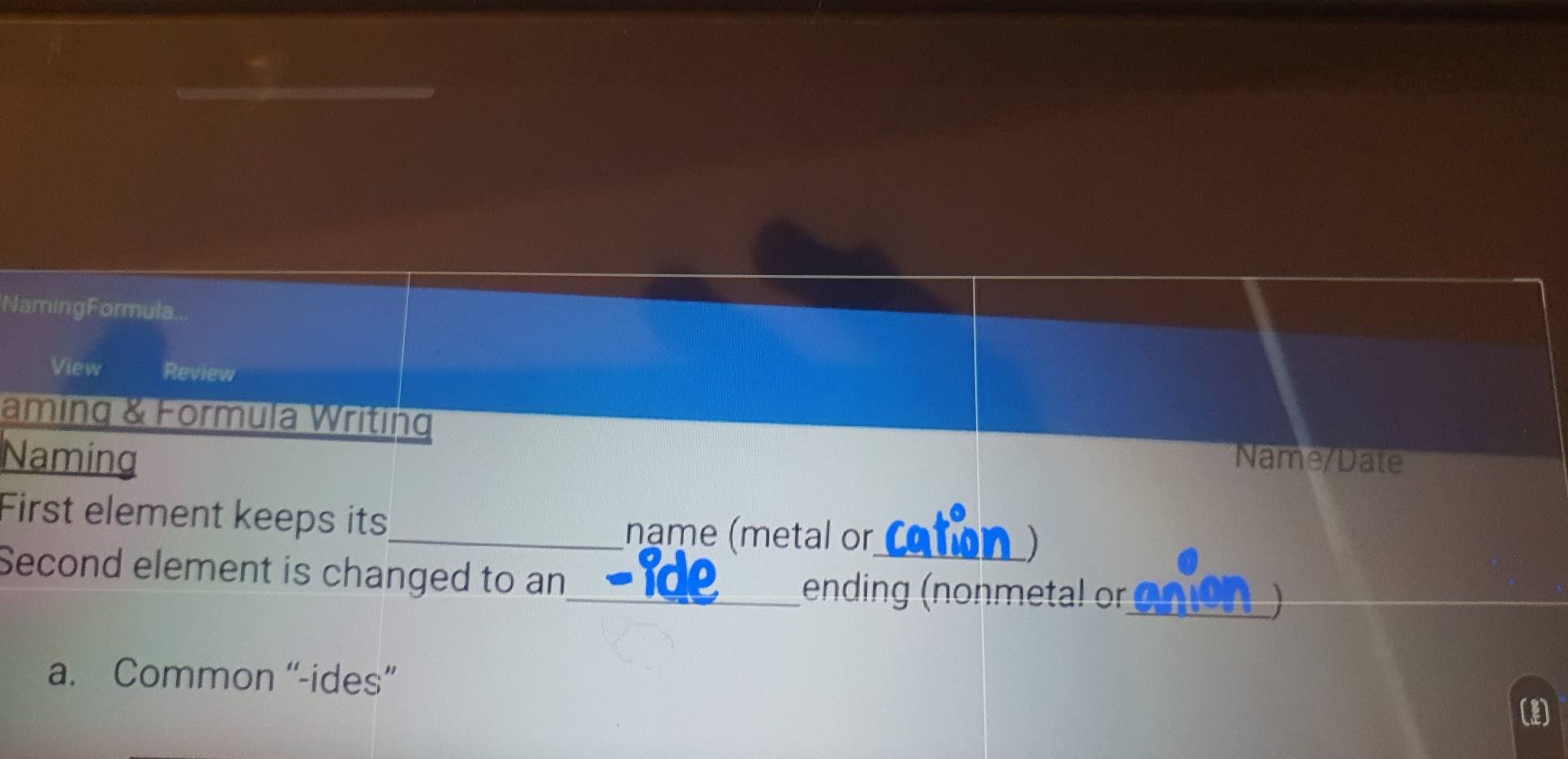 NamingFormula.
View Review
aming & Formula Writing
Naming Name/Date
First element keeps its_ name (metal or cation )
_
Second element is changed to an_ _anio
ending (nonmetal or
_
a. Common “-ides”