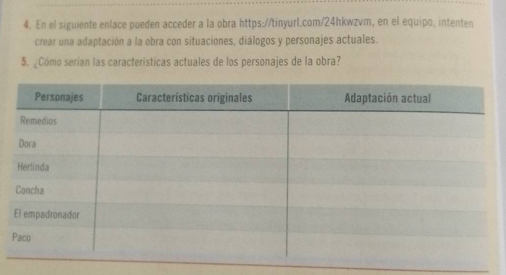 En el siguiente enlace pueden acceder a la obra https://tinyurl.com/24hkwzvm, en el equipo, intenten 
crear una adaptación a la obra con situaciones, diálogos y personajes actuales. 
5. ¿Cómo serían las características actuales de los personajes de la obra?