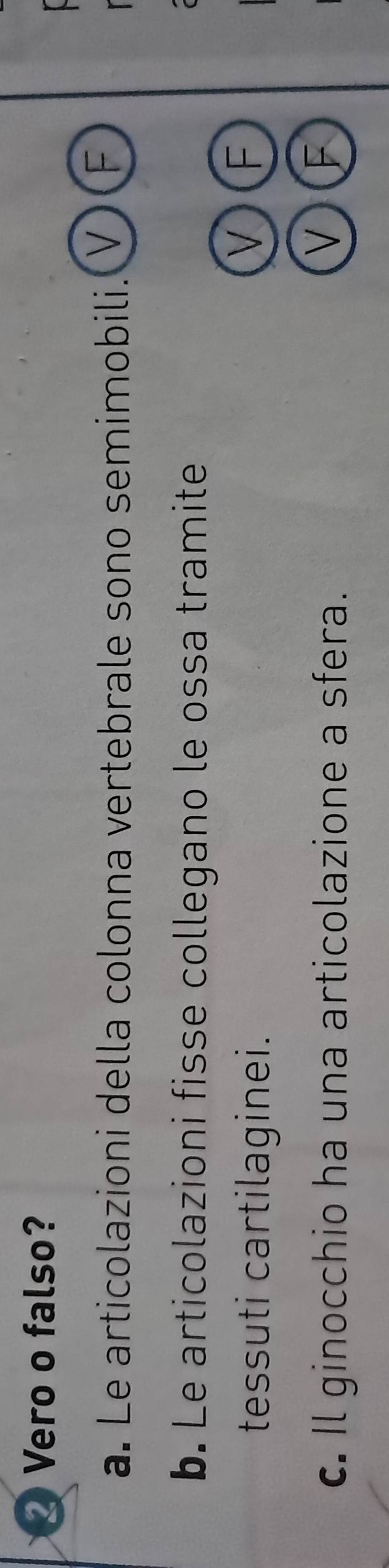Vero o falso? 
a. Le articolazioni della colonna vertebrale sono semimobili. V(F 
I 
b. Le articolazioni fisse collegano le ossa tramite 
tessuti cartilaginei. 
V F 
c. Il ginocchio ha una articolazione a sfera. V)(F