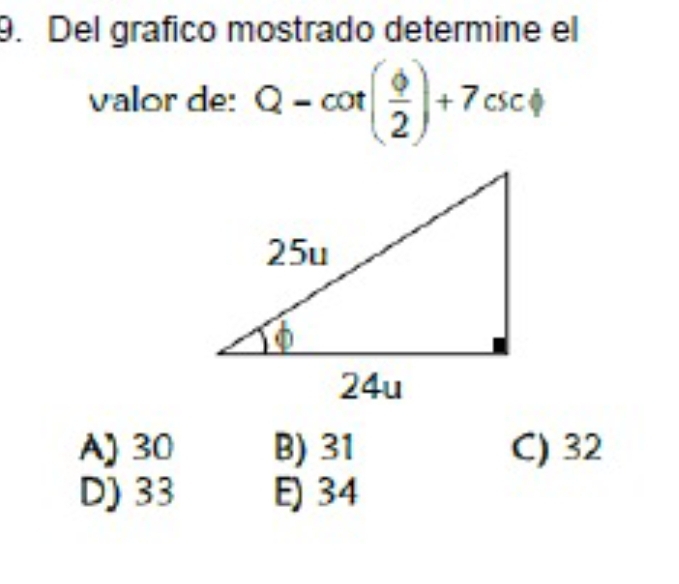 Del grafico mostrado determine el
valor de: Q-cot ( phi /2 )+7csc phi
A) 30 B) 31 C) 32
D) 33 E) 34