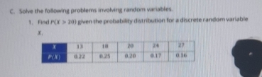 Solve the following problems involving random variables. 
1. Find P(x>20) given the probability distribution for a discrete random variable
x.