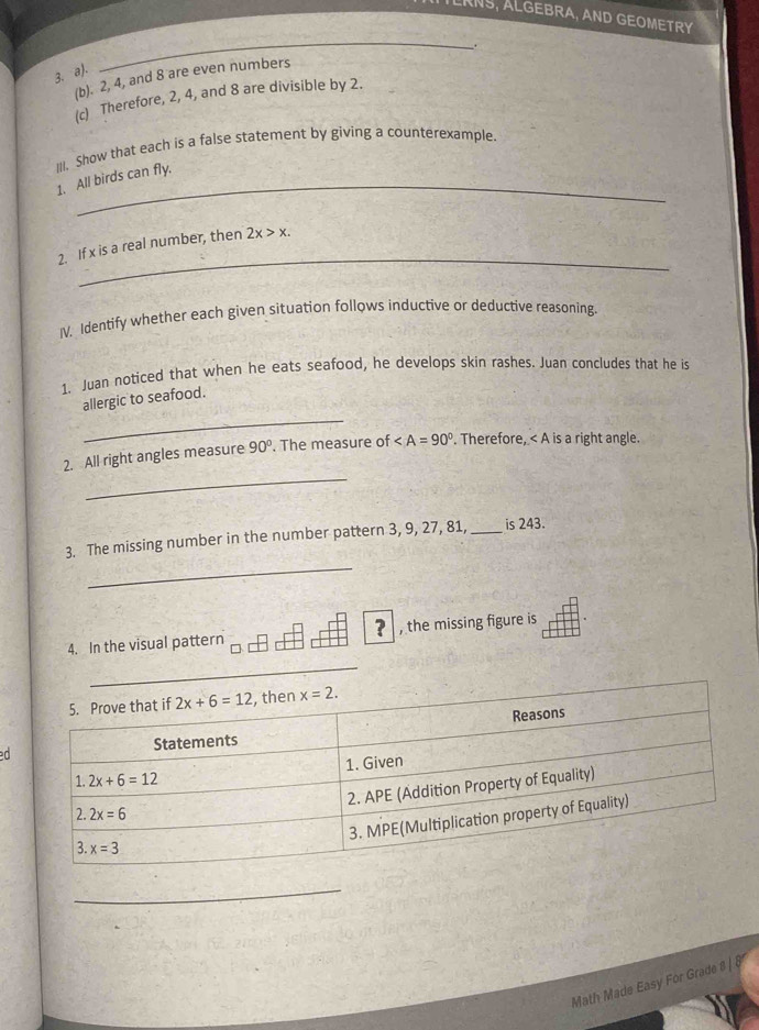 LRNS, ALGEBRA, AND GEOMETRY
_
.
3. a).
(b). 2, 4, and 8 are even numbers
(c) Therefore, 2, 4, and 8 are divisible by 2.
III. Show that each is a false statement by giving a counterexample.
_
1. All birds can fly.
_
2. If x is a real number, then 2x>x.
IV. Identify whether each given situation follows inductive or deductive reasoning.
1. Juan noticed that when he eats seafood, he develops skin rashes. Juan concludes that he is
_
allergic to seafood.
_
2. All right angles measure 90°. The measure of . Therefore, < A is a right angle.
_
3. The missing number in the number pattern 3, 9, 27, 81, _is 243.
4. In the visual pattern ? , the missing figure is
_
d
_
Math Made Easy For Grade 8 | 8