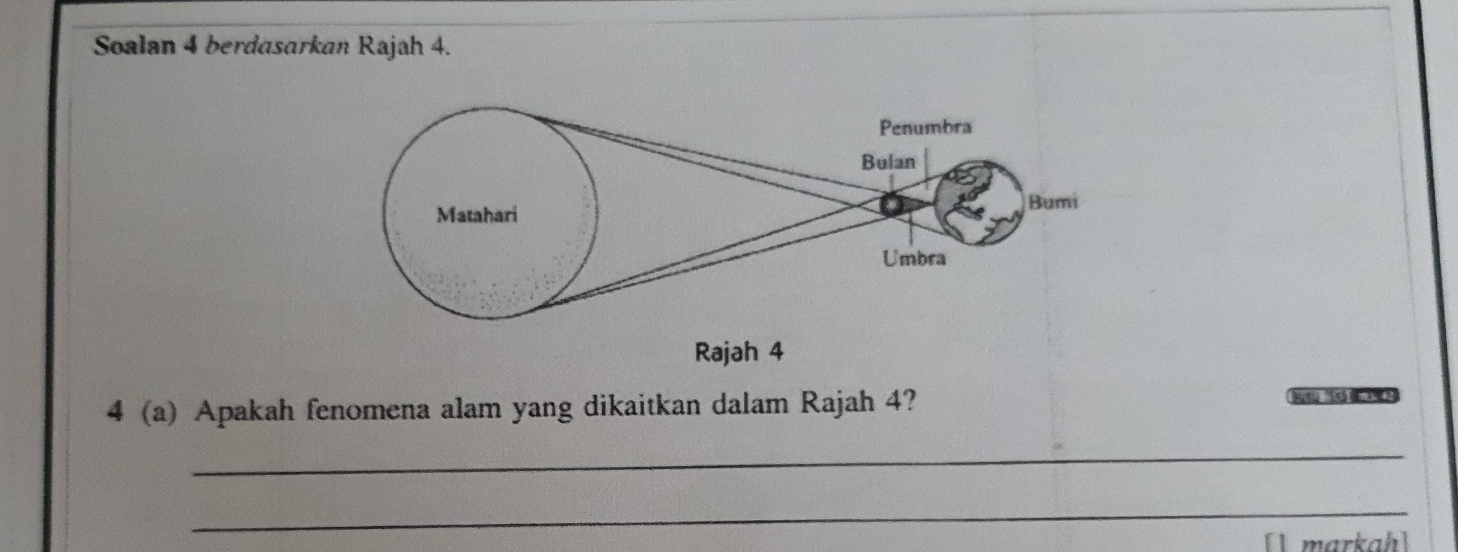 Soalan 4 berdasarkan Rajah 4. 
Rajah 4 
4 (a) Apakah fenomena alam yang dikaitkan dalam Rajah 4? 
_ 
_ 
[] markah]