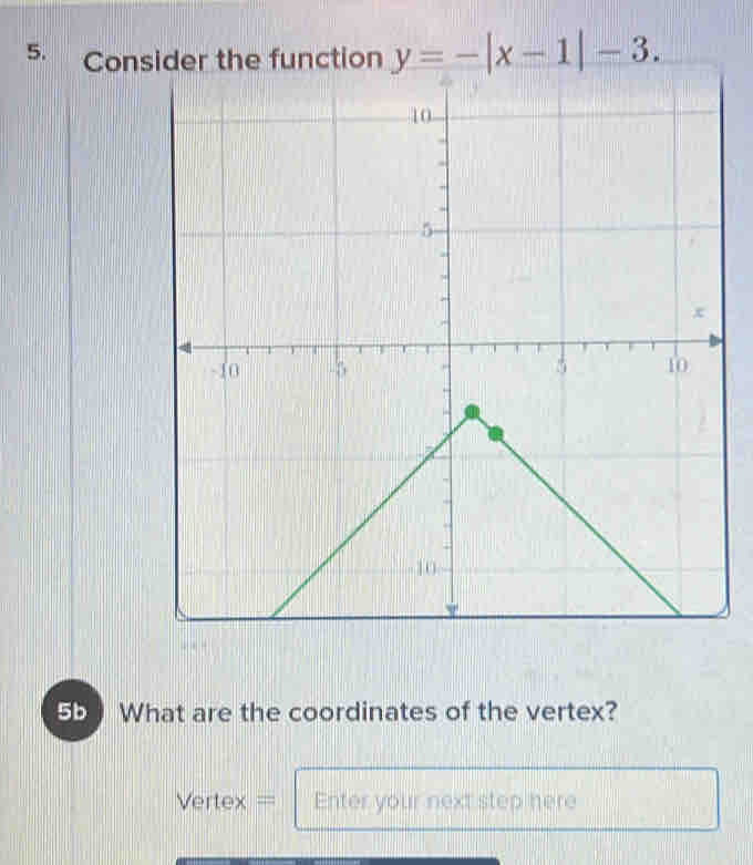 Consider the function y=-|x-1|-3. 
55 What are the coordinates of the vertex? 
Vertex = Enter your next step here