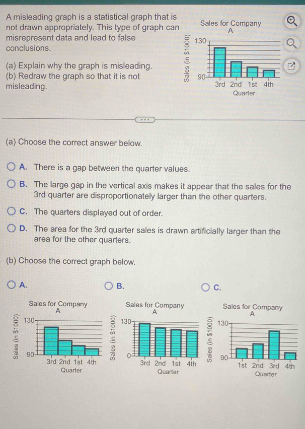 A misleading graph is a statistical graph that is
not drawn appropriately. This type of graph can
misrepresent data and lead to false 
conclusions.
(a) Explain why the graph is misleading. 
(b) Redraw the graph so that it is not 
misleading. 
(a) Choose the correct answer below.
A. There is a gap between the quarter values.
B. The large gap in the vertical axis makes it appear that the sales for the
3rd quarter are disproportionately larger than the other quarters.
C. The quarters displayed out of order.
D. The area for the 3rd quarter sales is drawn artificially larger than the
area for the other quarters.
(b) Choose the correct graph below.
A.
B.
C.