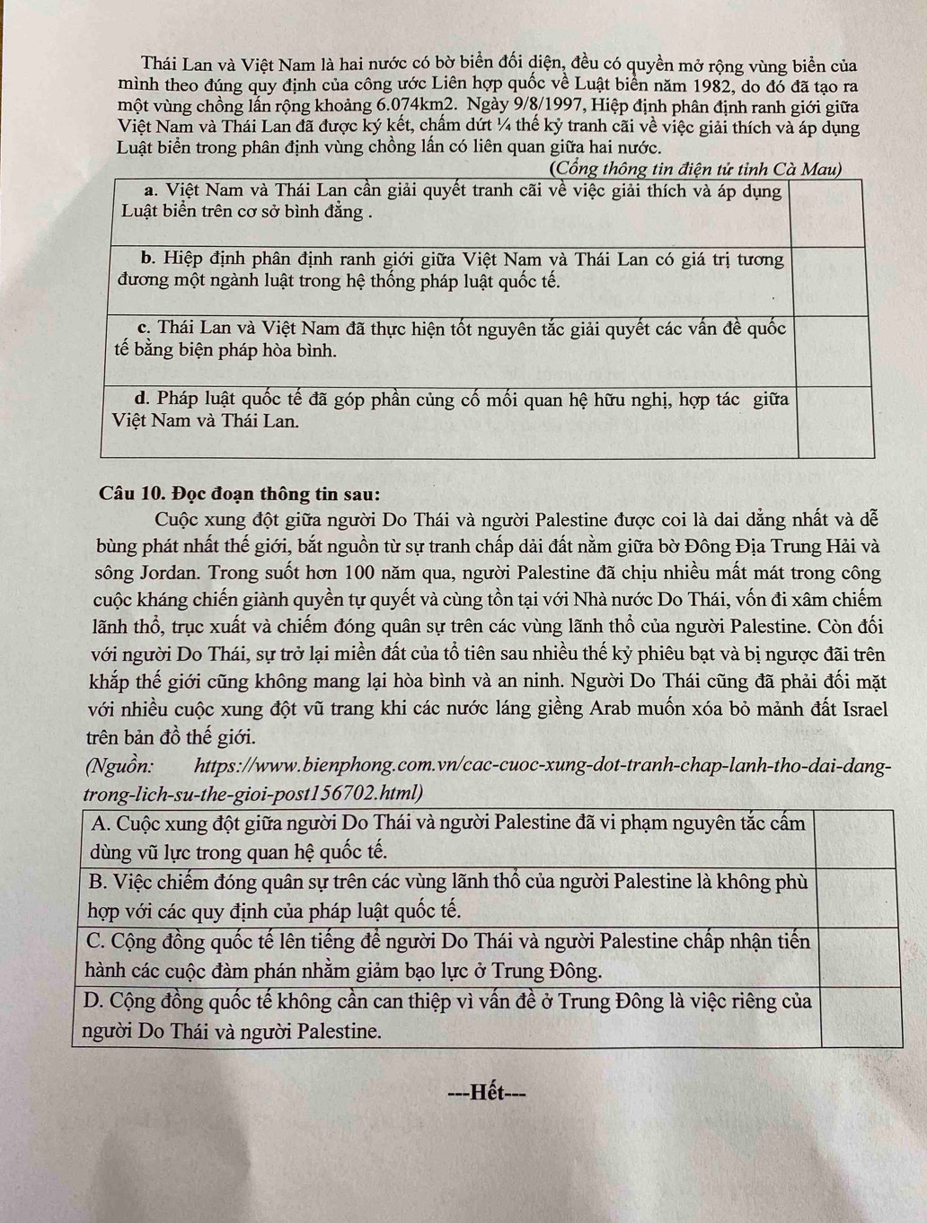 Thái Lan và Việt Nam là hai nước có bờ biển đối diện, đều có quyền mở rộng vùng biển của
mình theo đúng quy định của công ước Liên hợp quốc về Luật biển năm 1982, do đó đã tạo ra
vột vùng chồng lẫn rộng khoảng 6.074km2. Ngày 9/8/1997, Hiệp định phân định ranh giới giữa
Việt Nam và Thái Lan đã được ký kết, chấm dứt ¼ thế kỷ tranh cãi về việc giải thích và áp dụng
Luật biển trong phân định vùng chồng lấn có liên quan giữa hai nước.
Câu 10. Đọc đoạn thông tin sau:
Cuộc xung đột giữa người Do Thái và người Palestine được coi là dai dẳng nhất và dễ
bùng phát nhất thế giới, bắt nguồn từ sự tranh chấp dải đất nằm giữa bờ Đông Địa Trung Hải và
sông Jordan. Trong suốt hơn 100 năm qua, người Palestine đã chịu nhiều mất mát trong công
cuộc kháng chiến giành quyền tự quyết và cùng tồn tại với Nhà nước Do Thái, vốn đi xâm chiếm
lãnh thổ, trục xuất và chiếm đóng quân sự trên các vùng lãnh thổ của người Palestine. Còn đối
với người Do Thái, sự trở lại miền đất của tổ tiên sau nhiều thế kỷ phiêu bạt và bị ngược đãi trên
khắp thế giới cũng không mang lại hòa bình và an ninh. Người Do Thái cũng đã phải đối mặt
với nhiều cuộc xung đột vũ trang khi các nước láng giềng Arab muốn xóa bỏ mảnh đất Israel
trên bản đồ thế giới.
(Nguồn: https://www.bienphong.com.vn/cac-cuoc-xung-dot-tranh-chap-lanh-tho-dai-dang-
-Hết---