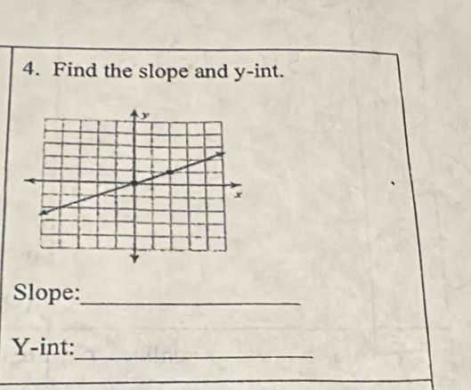 Find the slope and y -int. 
Slope:_
Y -int: 
_