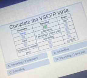 le.
A. 2 bonding / 2 lone
C. 3 bonding air