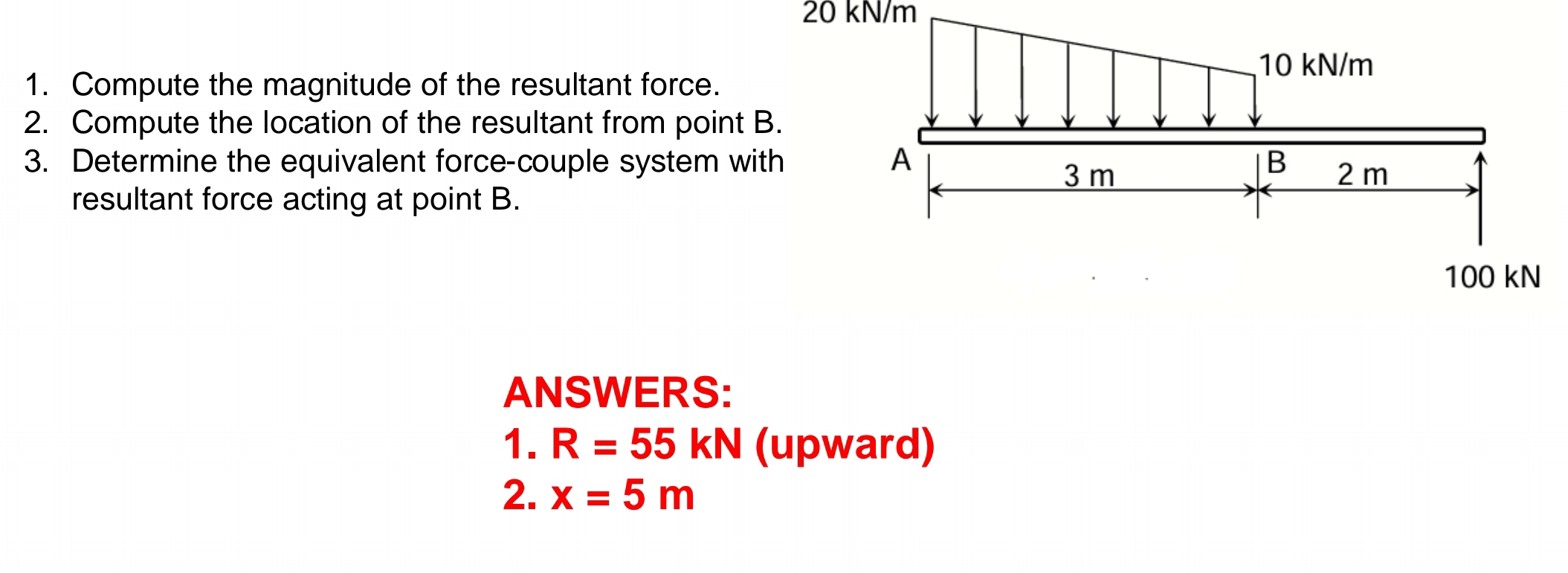 20 kN/m
1. Compute the magnitude of the resultant force. 
2. Compute the location of the resultant from point 
3. Determine the equivalent force-couple system wi 
resultant force acting at point B. 
ANSWERS: 
1. R=55kN (upward) 
2. x=5m