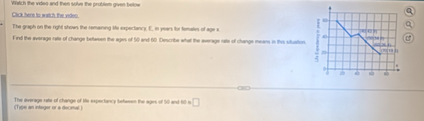 Watch the video and then solve the problem given below 
Click here to watch the video 
60 
The graph on the right shows the remaining life expectancy, E, in years for females of age x. 
C 
Find the average rate of change between the ages of 50 and 60. Describe what the average rafte of change means in this situation.
20
(20 19 5) 
2b 40 so sb 
The average rate of change of Mie expectancy between the ages of 50 and 69 is □ 
(Type an integer or a decimal)