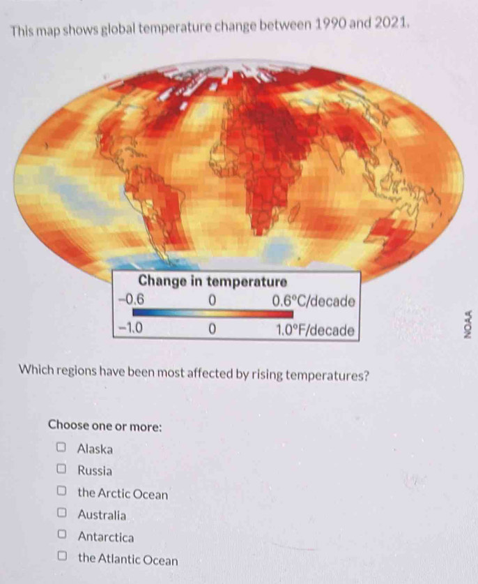 Solved: This map shows global temperature change between 1990 and 2021 ...