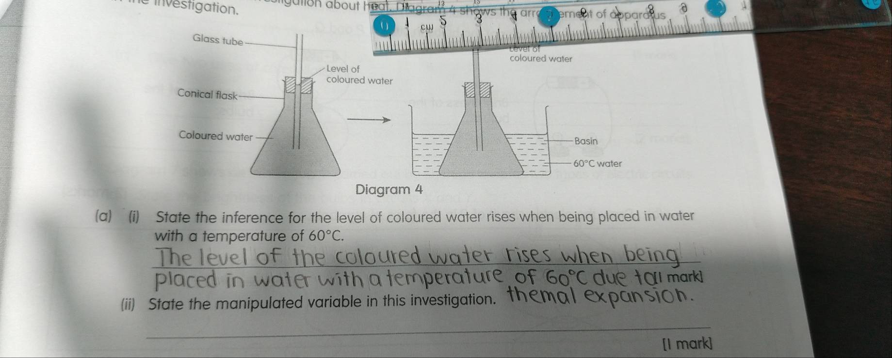 he investigation. aligution about heat. Diagraf   
(a) (i) State the inference for the level of coloured water rises when being placed in water
with a temperature of 60°C.
_
placed i
60°C
(ii) State the manipulated variable in this investigation. 
_
[I mark]