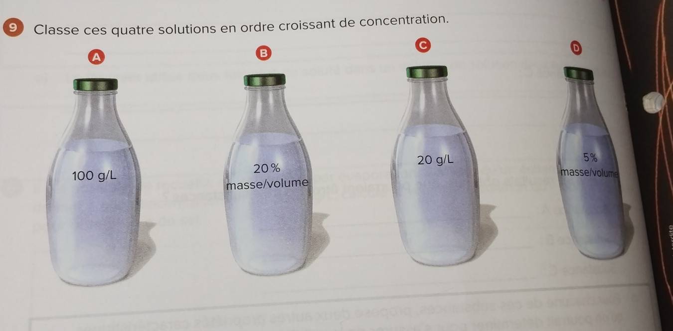 Classe ces quatre solutions en ordre croissant de concentration. 
B
5%
20%
masse/volume 
masse/volume