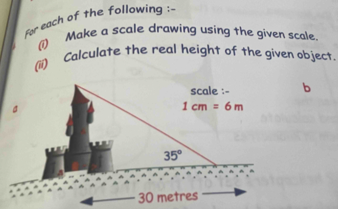 For each of the following :-
(i) Make a scale drawing using the given scale.
(ii) Calculate the real height of the given object.