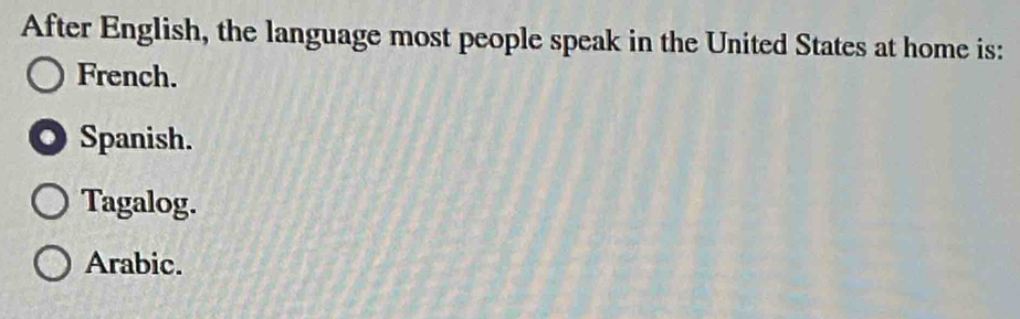 After English, the language most people speak in the United States at home is:
French.
. Spanish.
Tagalog.
Arabic.