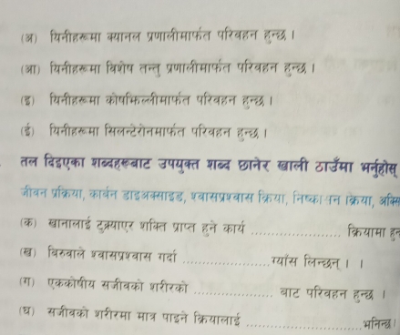 (ऑ) यिनीहरूमा क्यानल प्रणालीमाफल परिवहन हन्छ। 
(आ) यिनीहरूमा विशेष तन्तु प्रणालीमा्फत परिवहन हन्छ। 
(इ) यिनीहरूमा कोषफिल्लीमाफत परिवहन हन्छ। 
(ई) यिनीहरूमा सिलन्टेरोनमाफत परिवहन हन्छ। 
तल दिइएका शब्दहरूबाट उपयुक्त शब्द छानेर ख्ाली ठाउँमा भनुहोस् 
जीवन प्रक्रिया, कार्वन डाइअक्साइड, श्वासप्रश्वास क्रिया, निष्कापन क्रिया, अक्स 
(क) खानालाई टुक्रयाएर शक्ति प्राप्त हने कार्य _क्रियामा हन 
(ख) विरुवाले श्वासप्रश्वास गर्दा _ग्यास लिन्छन्। । 
(ग) एककोषीय सजीवको शरीरको _बाट परिवहन हन्छ । 
(घ) सजीवको शरीरमा मात्र पाइने क्रियालाई _भनिन्द् ।