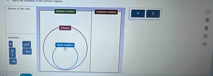 Pace the numbers in the correct regions. 
Names of the setsIrrational numbers × 6
Numbers
0 3.05
 10/3  -11x
-78