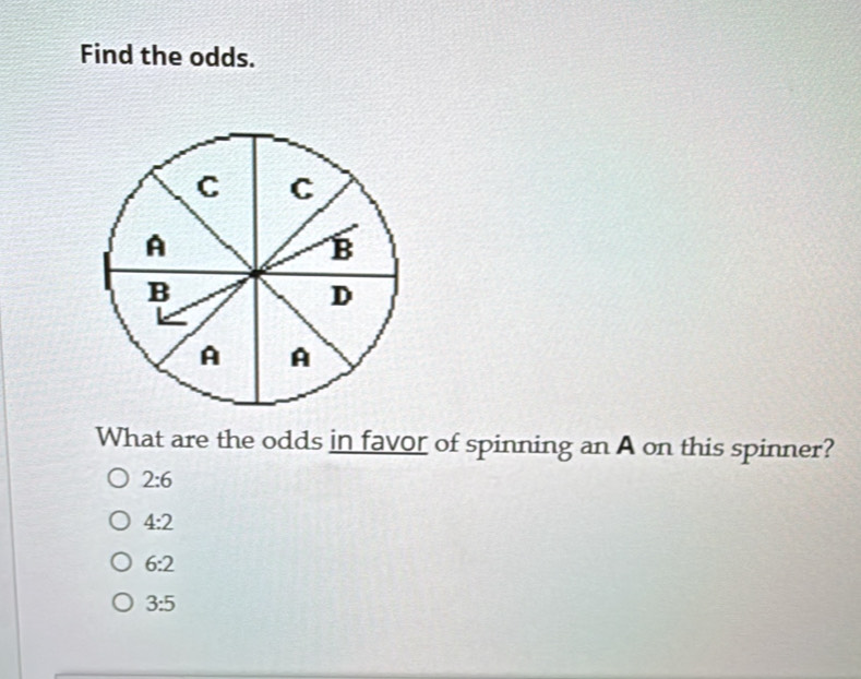 Find the odds.
What are the odds in favor of spinning an A on this spinner?
2:6
4:2
6:2
3:5