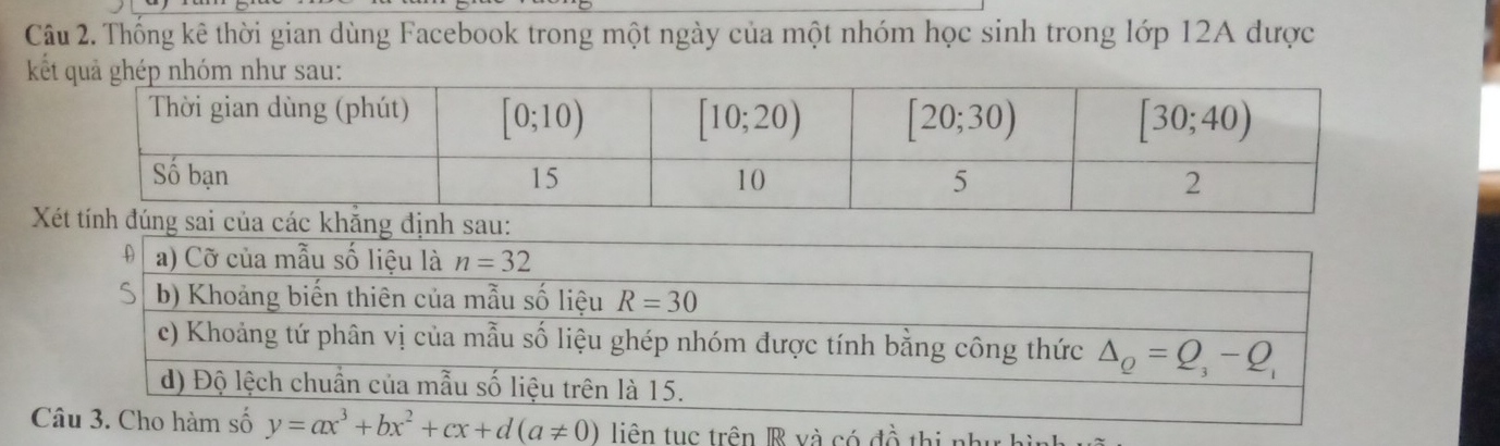 Thống kê thời gian dùng Facebook trong một ngày của một nhóm học sinh trong lớp 12A được
 
 
Càm số y=ax^3+bx^2+cx+d(a!= 0) liên tục trên B và có đề thị