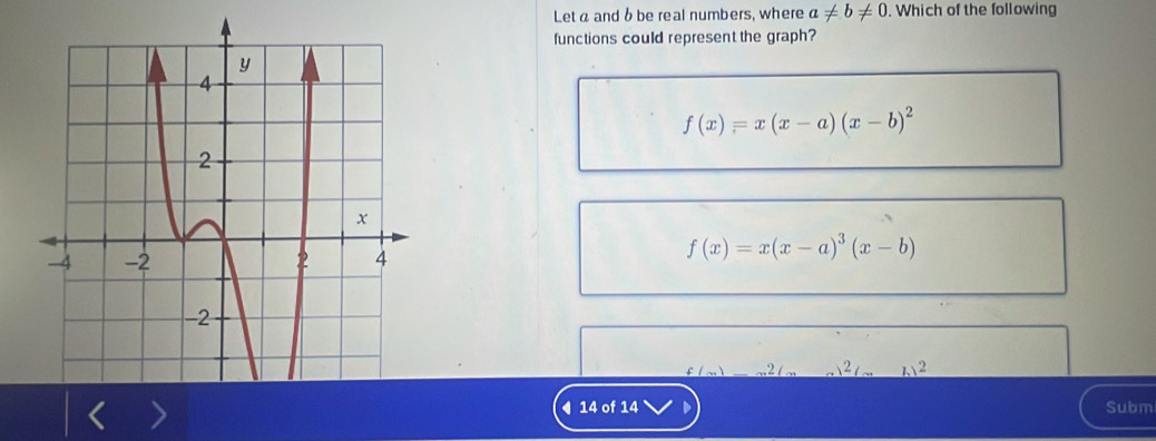 Let a and 6 be real numbers, where a!= b!= 0. Which of the following
functions could represent the graph?
f(x)=x(x-a)(x-b)^2
f(x)=x(x-a)^3(x-b)
2 λ 2
◀ 14 of 14 Subm