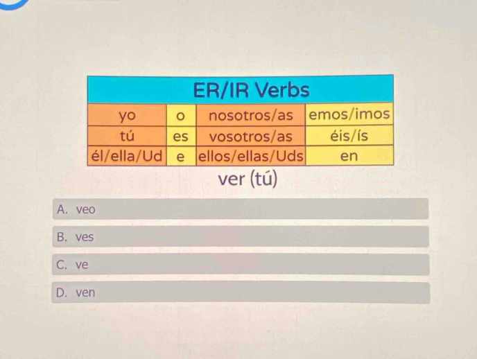 ver (tú)
A. veo
B. ves
C. ve
D. ven