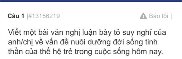 #13156219 Báo lỗi 
Viết một bài văn nghị luận bày tỏ suy nghĩ của 
anh/chị về vấn đề nuôi dưỡng đời sống tinh 
thần của thế hệ trẻ trong cuộc sống hôm nay.