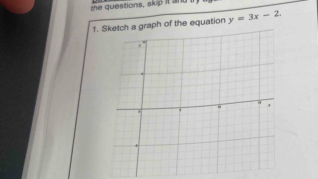 the questions, skip it and tryt 
1. Sketch a graph of the equation y=3x-2.