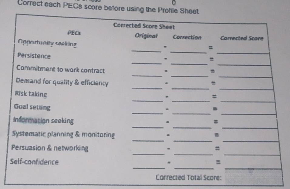 Solved: Correct each PECs score before using the Profile Sheet ...