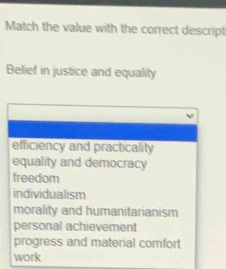 Match the value with the correct descript
Belief in justice and equality
efficiency and practicality
equality and democracy
freedom
individualism
morality and humanitarianism
personal achievement
progress and material comfort
work