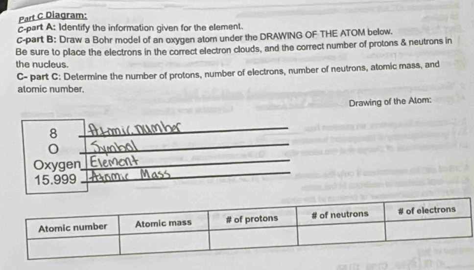 Diagram: 
c-part A: Identify the information given for the element. 
c-part B: Draw a Bohr model of an oxygen atom under the DRAWING OF THE ATOM below. 
Be sure to place the electrons in the correct electron clouds, and the correct number of protons & neutrons in 
the nucleus. 
C- part C: Determine the number of protons, number of electrons, number of neutrons, atomic mass, and 
alomic number. 
Drawing of the Atom: 
_ 
8 
_ 
_ 
Oxygen 
_
15.999