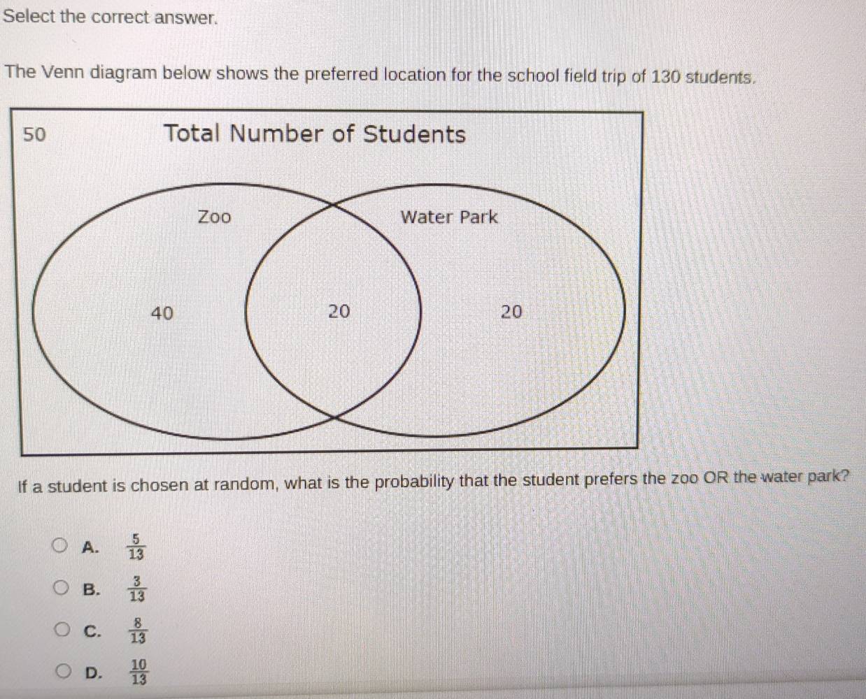 Select the correct answer.
The Venn diagram below shows the preferred location for the school field trip of 130 students.
If a student is chosen at random, what is the probability that the student prefers the zoo OR the water park?
A.  5/13 
B.  3/13 
C.  8/13 
D.  10/13 