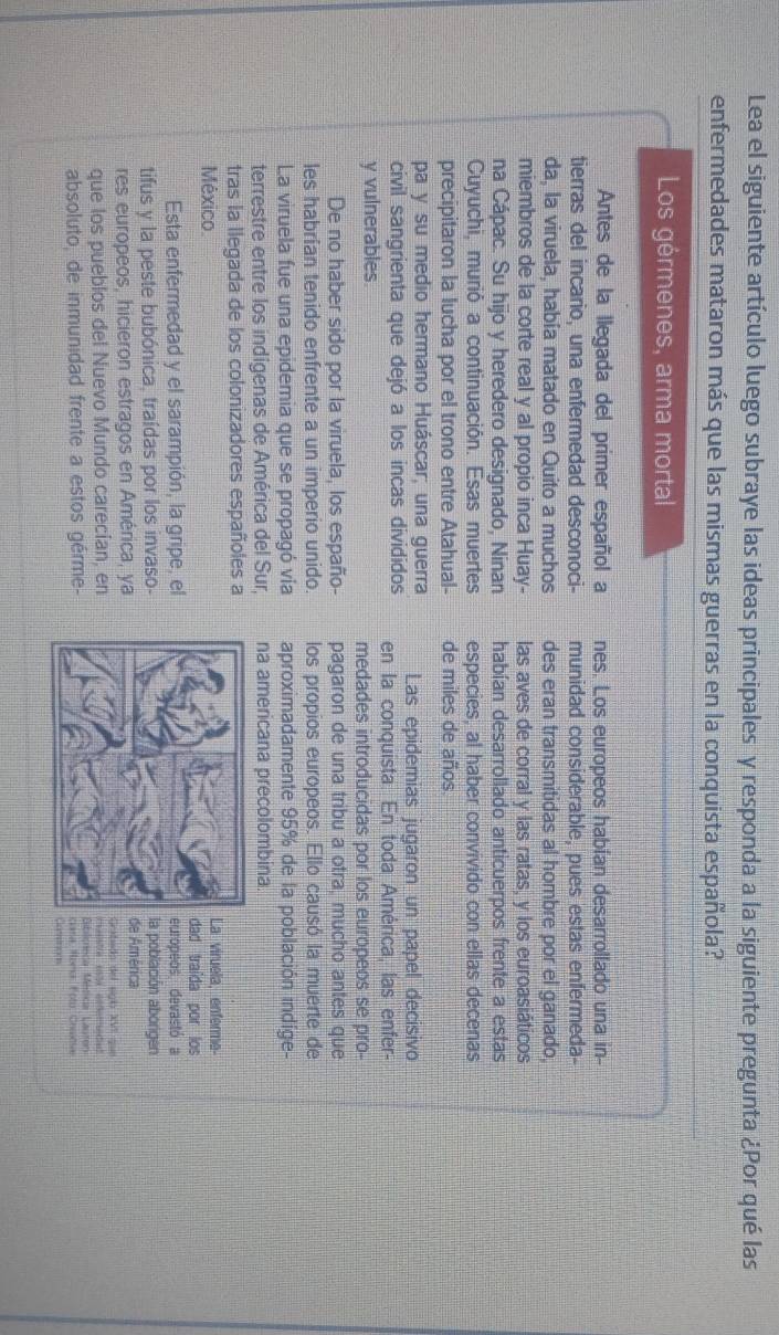 Lea el siguiente artículo luego subraye las ideas principales y responda a la siguiente pregunta ¿Por qué las
enfermedades mataron más que las mismas guerras en la conquista española?
Los gérmenes, arma mortal
Antes de la llegada del primer español a nes. Los europeos habían desarrollado una in-
tierras del incario, una enfermedad desconoci- munidad considerable, pues estas enfermeda-
da, la viruela, había matado en Quito a muchos des eran transmitidas al hombre por el ganado,
miembros de la corte real y al propio inca Huay- las aves de corral y las ratas, y los euroasiáticos
na Cápac. Su hijo y heredero designado, Ninan habían desarrollado anticuerpos frente a estas
Cuyuchi, murió a continuación. Esas muertes especies, al haber convivido con ellas decenas
precipitaron la lucha por el trono entre Atahual- de miles de años
pa y su medio hermano Huáscar; una guerra Las epidemias jugaron un papel decisivo
civil sangrienta que dejó a los incas divididos en la conquista. En toda América, las enfer-
y vulnerables. medades introducidas por los europeos se pro-
De no haber sido por la viruela, los españo- pagaron de una tribu a otra, mucho antes que
les habrían tenido enfrente a un imperio unido. los propios europeos. Ello causó la muerte de
La viruela fue una epidemia que se propagó vía aproximadamente 95% de la población indíge-
terrestre entre los indigenas de América del Sur, na americana precolombina.
tras la llegada de los colonizadores españoles a
a viruela, enferme-
México. ad traída por los
Esta enfermedad y el sarampión, la gripe, eluropeos, devastó a
tifus y la peste bubónica, traídas por los invaso-a población aborigen
e América
res europeos, hicieron estragos en América, yarabado del siglo XVI que
que los pueblos del Nuevo Mundo carecian, en
iblicreca Mésica Lauten
absoluto, de inmunidad frente a estos gérme-ona Ron Fo Crsosa
oetnces