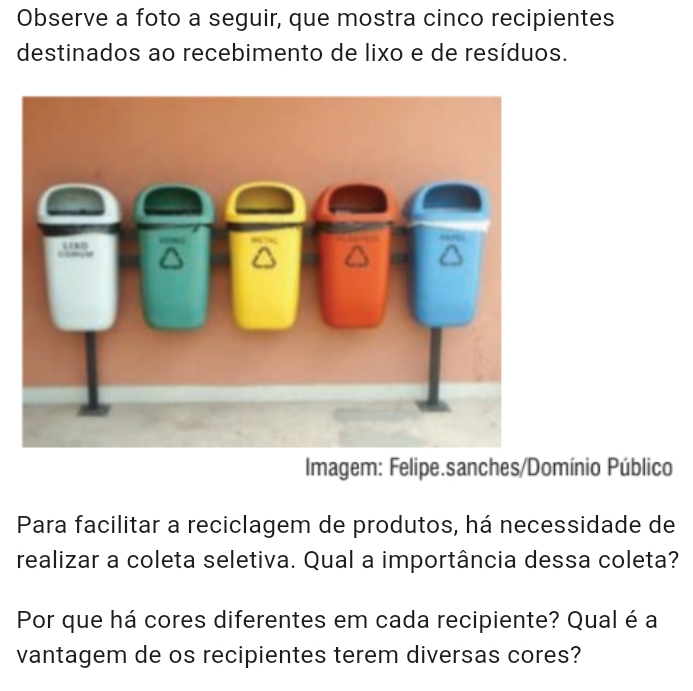 Observe a foto a seguir, que mostra cinco recipientes 
destinados ao recebimento de lixo e de resíduos. 
Imagem: Felipe.sanches/Domínio Público 
Para facilitar a reciclagem de produtos, há necessidade de 
realizar a coleta seletiva. Qual a importância dessa coleta? 
Por que há cores diferentes em cada recipiente? Qual é a 
vantagem de os recipientes terem diversas cores?