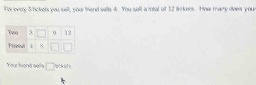 For every 3 tickets you sell, your friend sells 4. You sell a total of 12 tickets. How many does your
Your friend sells □ tickets.