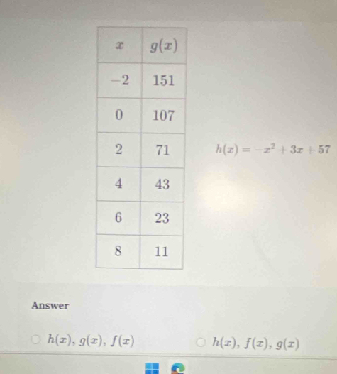 h(x)=-x^2+3x+57
Answer
h(x),g(x),f(x)
h(x),f(x),g(x)