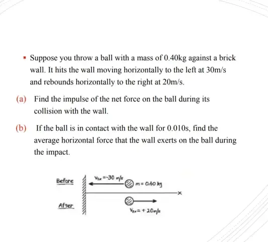 Suppose you throw a ball with a mass of 0.40kg against a brick 
wall. It hits the wall moving horizontally to the left at 30m/s
and rebounds horizontally to the right at 20m/s. 
(a) Find the impulse of the net force on the ball during its 
collision with the wall. 
(b) If the ball is in contact with the wall for 0.010s, find the 
average horizontal force that the wall exerts on the ball during 
the impact. 
Before v_1x=-30 sqrt[5](5)
m=0.40kg
x
After
v_2x=+20m/s