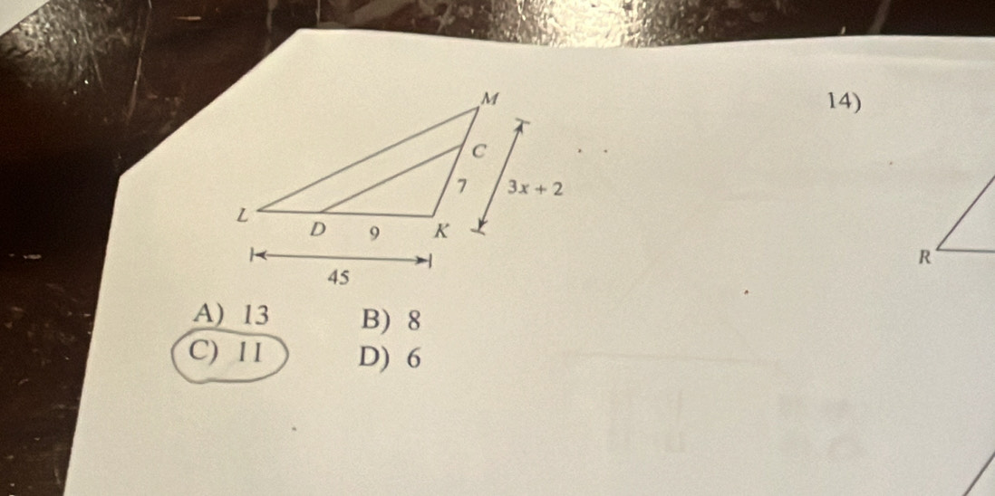 A) 13 B)8
C) 1I D) 6