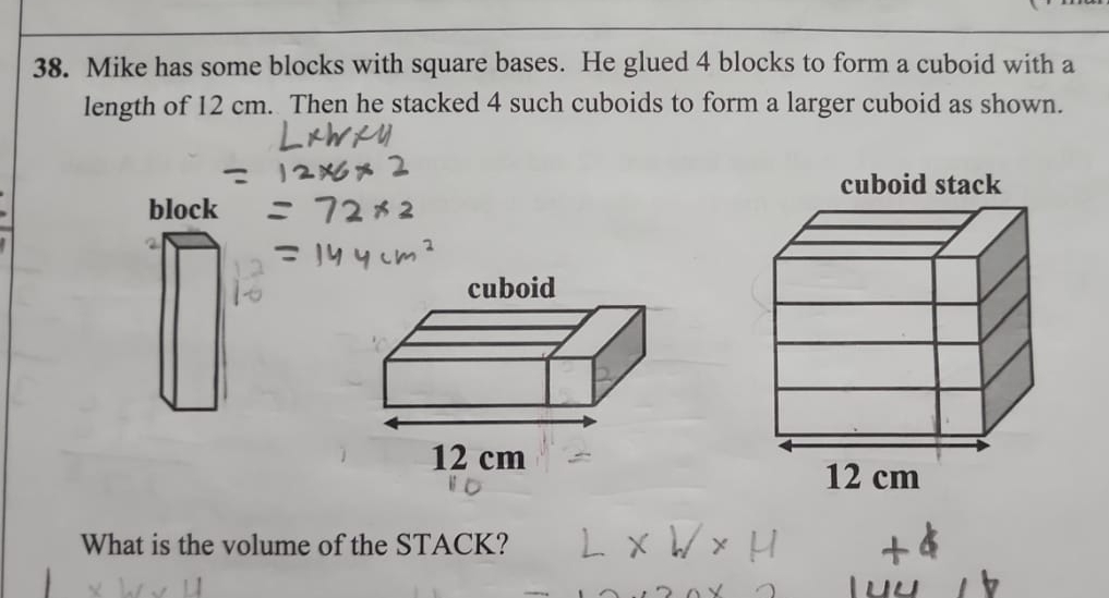 Gelöst:Mike has some blocks with square bases. He glued 4 blocks to ...