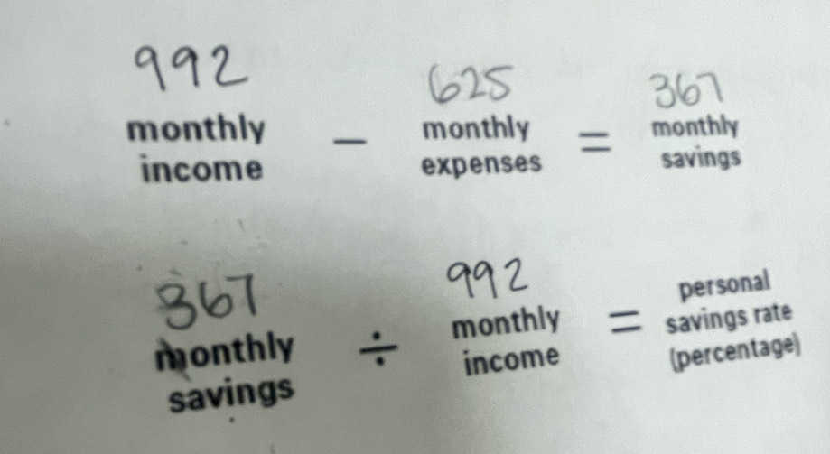 monthly monthly = monthly
income expenses savings 
personal 
monthly monthly 
savings rate 
income 
(percentage) 
savings