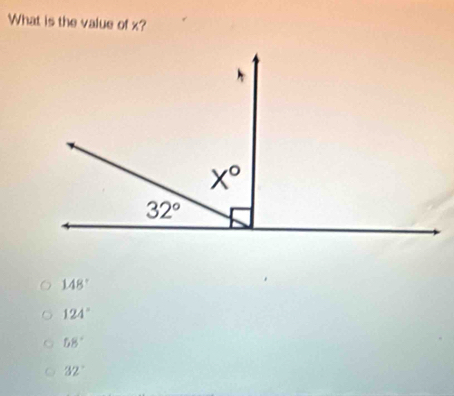 What is the value of x?
148°
124°
58°
32°