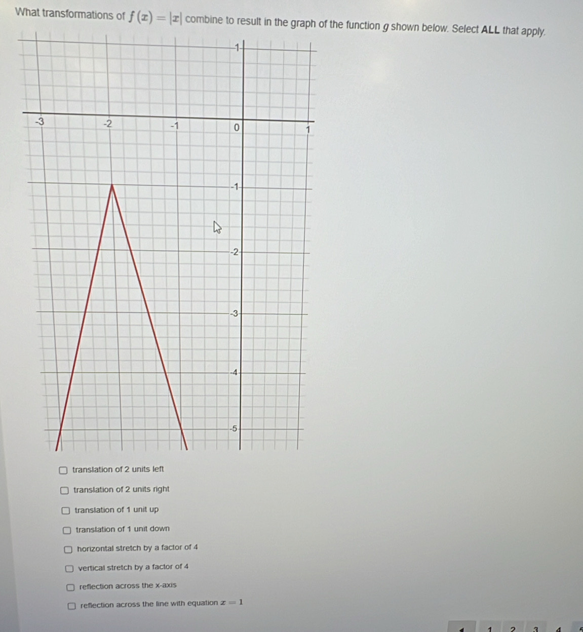 What transformations of f(x)=|x| combine to result in the graph of the function g shown below. Select ALL that apply.
translation of 2 units left
translation of 2 units right
translation of 1 unit up
translation of 1 unit down
horizontal stretch by a factor of 4
vertical stretch by a factor of 4
reflection across the x-axis
reflection across the line with equation x=1