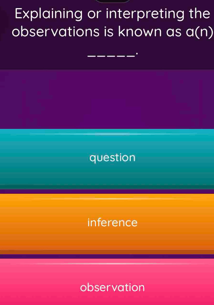 Explaining or interpreting the
observations is known as a(n)
_.
question
inference
observation