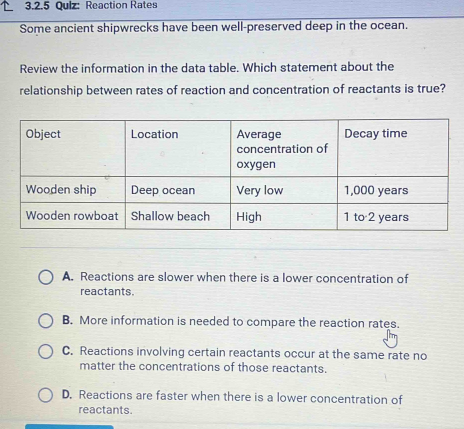 Qulz: Reaction Rates
Some ancient shipwrecks have been well-preserved deep in the ocean.
Review the information in the data table. Which statement about the
relationship between rates of reaction and concentration of reactants is true?
A. Reactions are slower when there is a lower concentration of
reactants.
B. More information is needed to compare the reaction rates.
C. Reactions involving certain reactants occur at the same rate no
matter the concentrations of those reactants.
D. Reactions are faster when there is a lower concentration of
reactants.