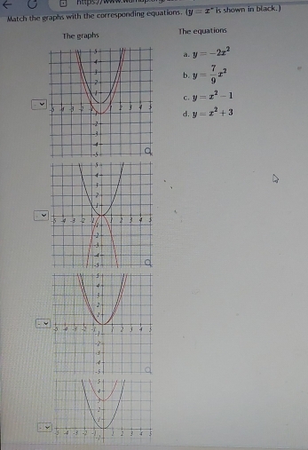 Match the graphs with the corresponding equations. (y=x° is shown in black.)
The graphs The equations
a. y=-2x^2
b. y= 7/9 x^2
C. y=x^2-1

d. y=x^2+3