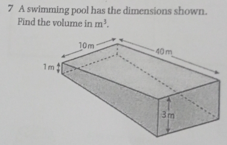 Solved: A swimming pool has the dimensions shown. Find the volume in m ...