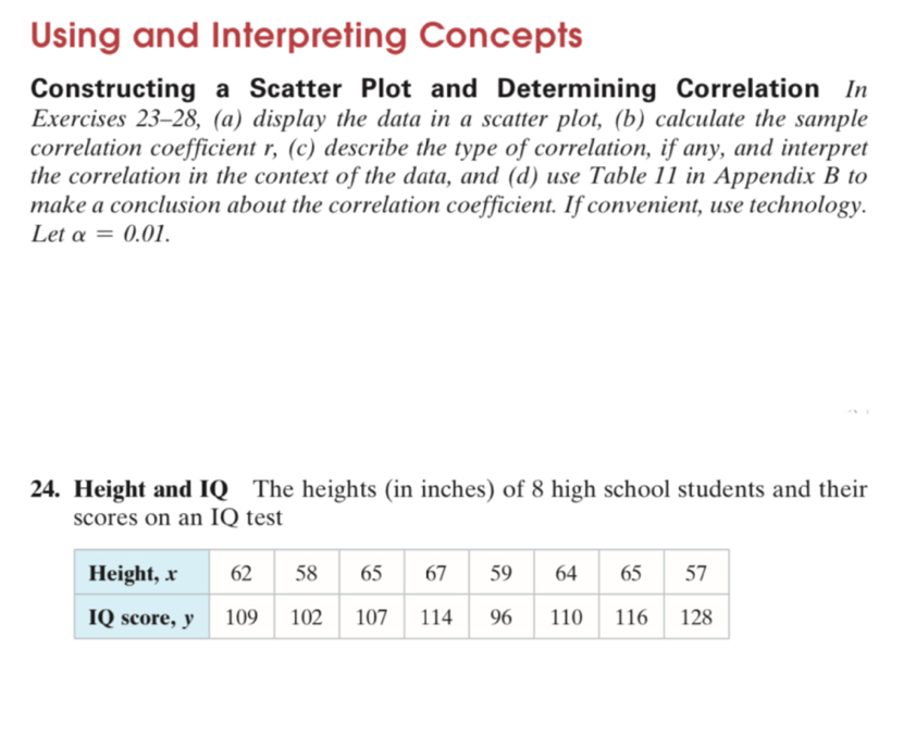 Using and Interpreting Concepts 
Constructing a Scatter Plot and Determining Correlation In 
Exercises 23-28, (a) display the data in a scatter plot, (b) calculate the sample 
correlation coefficient r, (c) describe the type of correlation, if any, and interpret 
the correlation in the context of the data, and (d) use Table 11 in Appendix B to 
make a conclusion about the correlation coefficient. If convenient, use technology. 
Let alpha =0.01. 
24. Height and IQ The heights (in inches) of 8 high school students and their 
scores on an IQ test