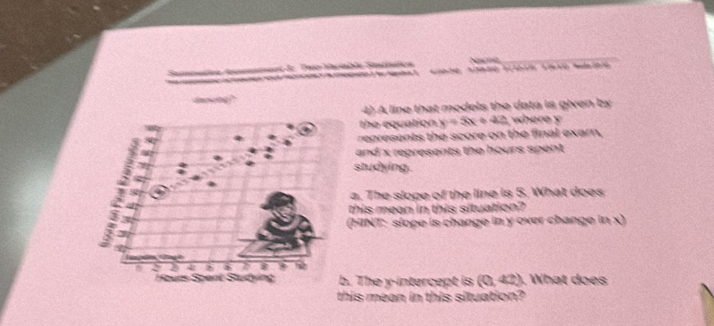 Sammaino Ameustent de Two Haciable Sitnica Noorz 
e gha 
da o c te 
4) A line that models the data is given by 
the equation y=5x+42 where y
represents the score on the final exar, 
7 a 
and x represents the hours spent. 
studying. 
2 
a. The slope of the line is 5. What does 
this mean in this situation? 
(HINT: slope is change in y over change in x) 
3 
I 2 I 
Spent Sudying b. The y-intercept is (0,43). What does 
this mean in this situation?