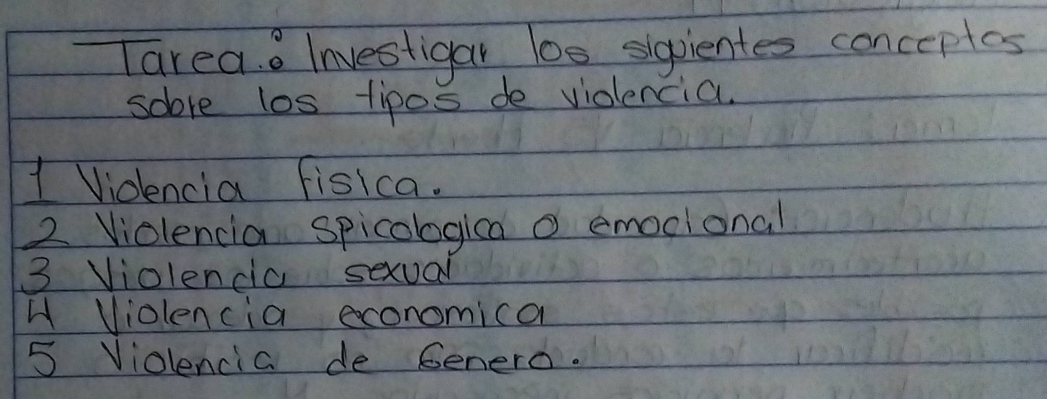 Tarea. Investigar los sigpientes conceptes 
soove los tipos de violencia. 
1 Violencia fisica. 
2 Violencia spicologica o emocional 
3 Violencia sexual 
H Violencia economica 
5 Violencia de Genero.