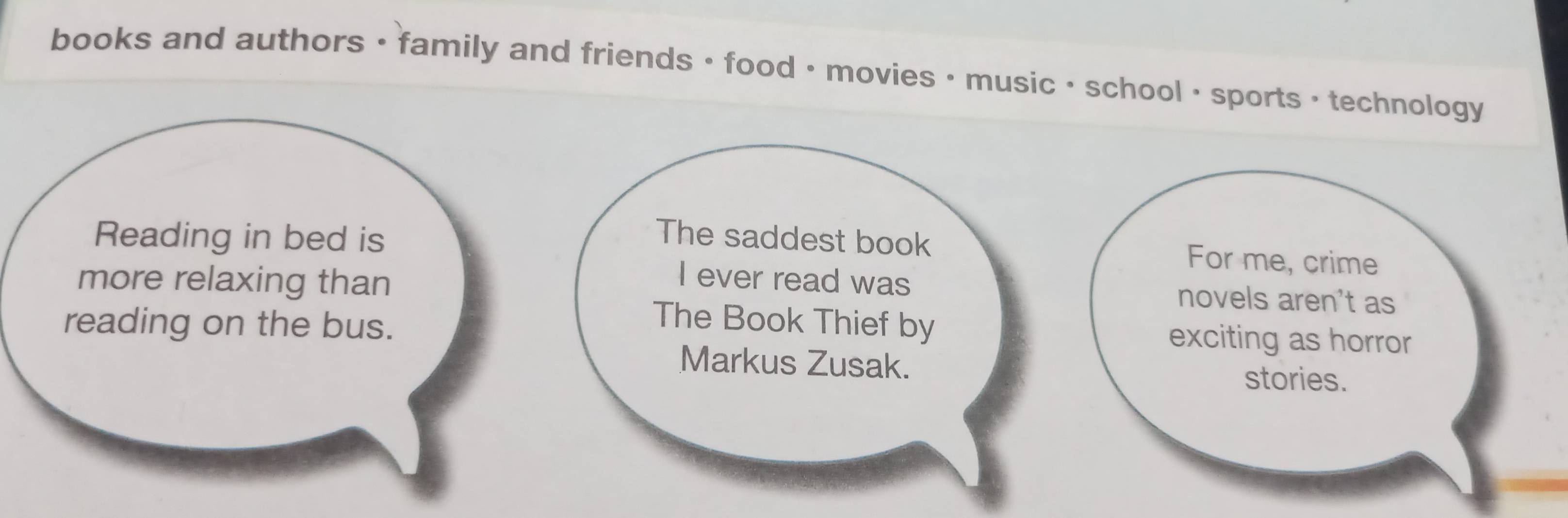 books and authors • family and friends · food · movies • music • school • sports • technology 
Reading in bed is The saddest book 
For me, crime 
more relaxing than 
I ever read was novels aren't as 
reading on the bus. 
The Book Thief by 
exciting as horror 
Markus Zusak. 
stories.