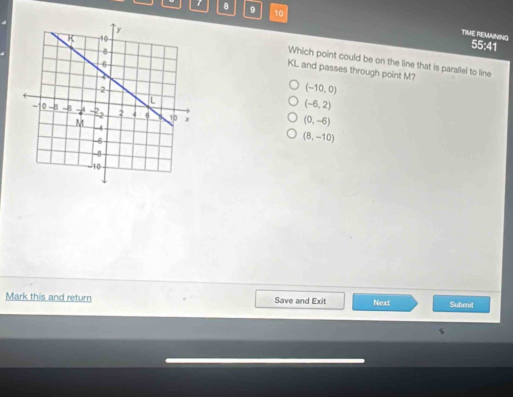 7 8 9 10
TIME REMAINING
55:41
Which point could be on the line that is parallel to line
KL and passes through point M?
(-10,0)
(-6,2)
(0,-6)
(8,-10)
Mark this and return Save and Exit Next
Submit